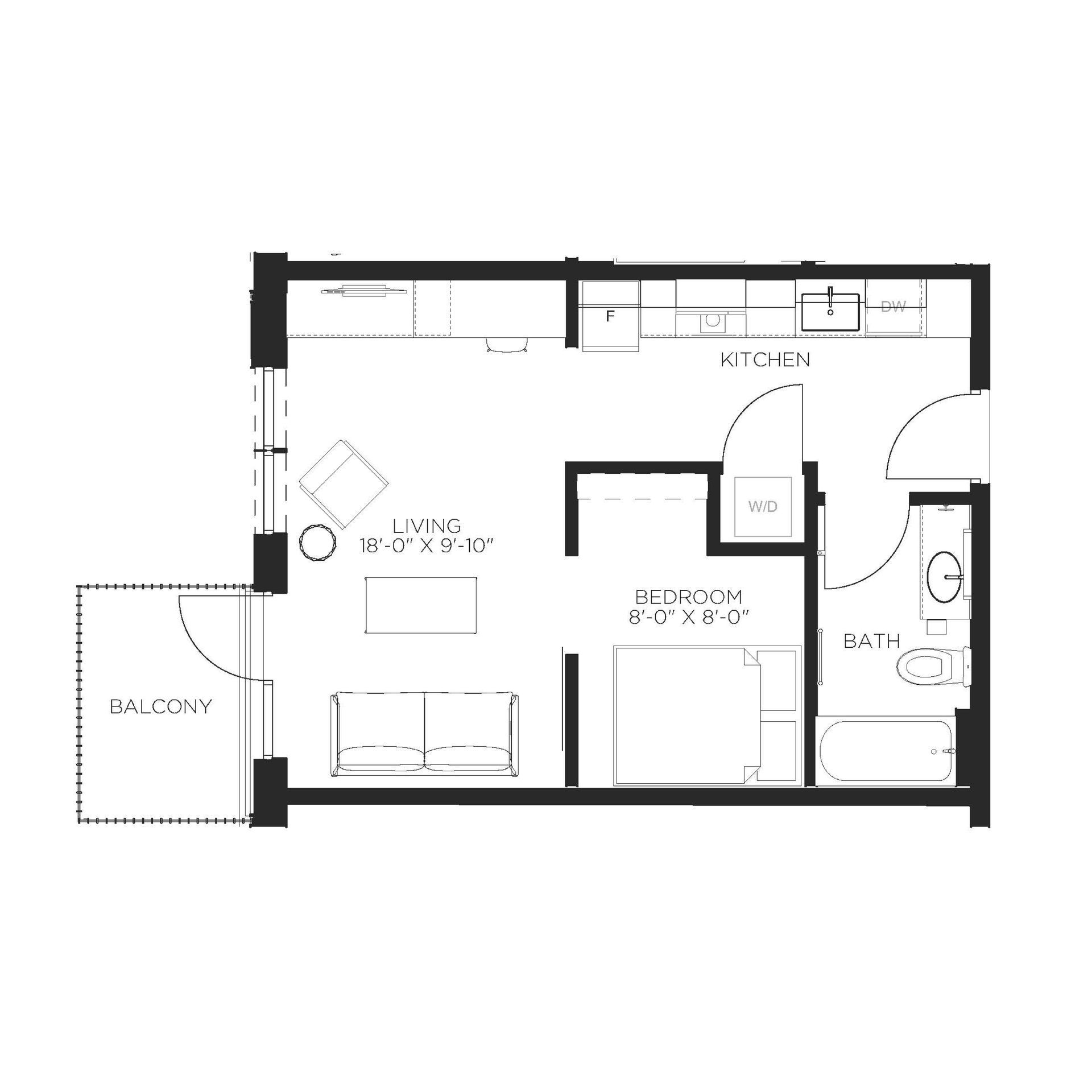 Floor plan of a one-bedroom apartment with a kitchen, living area, balcony, and bathroom.