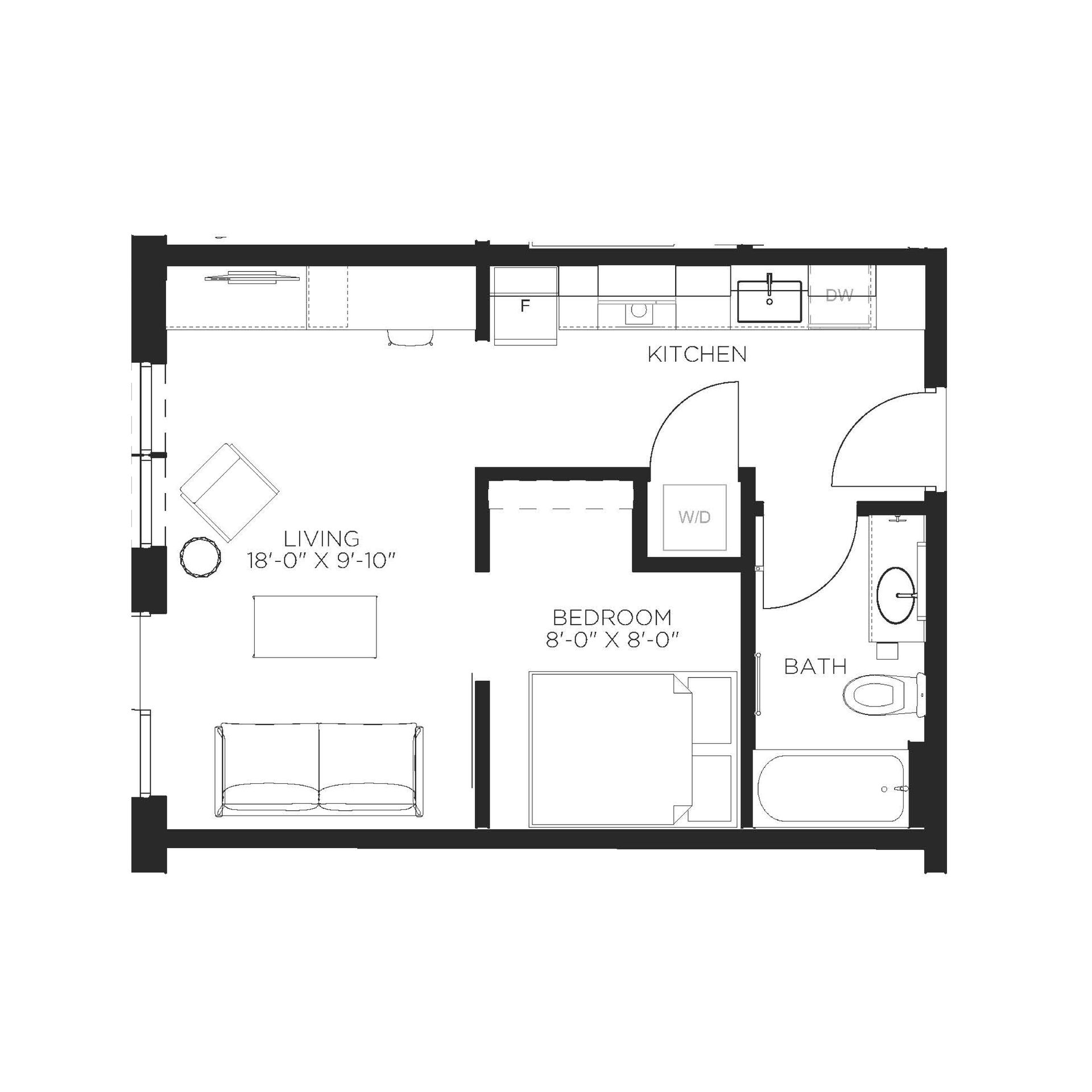 Floor plan of a small apartment: kitchen, living room, bedroom, and bathroom.