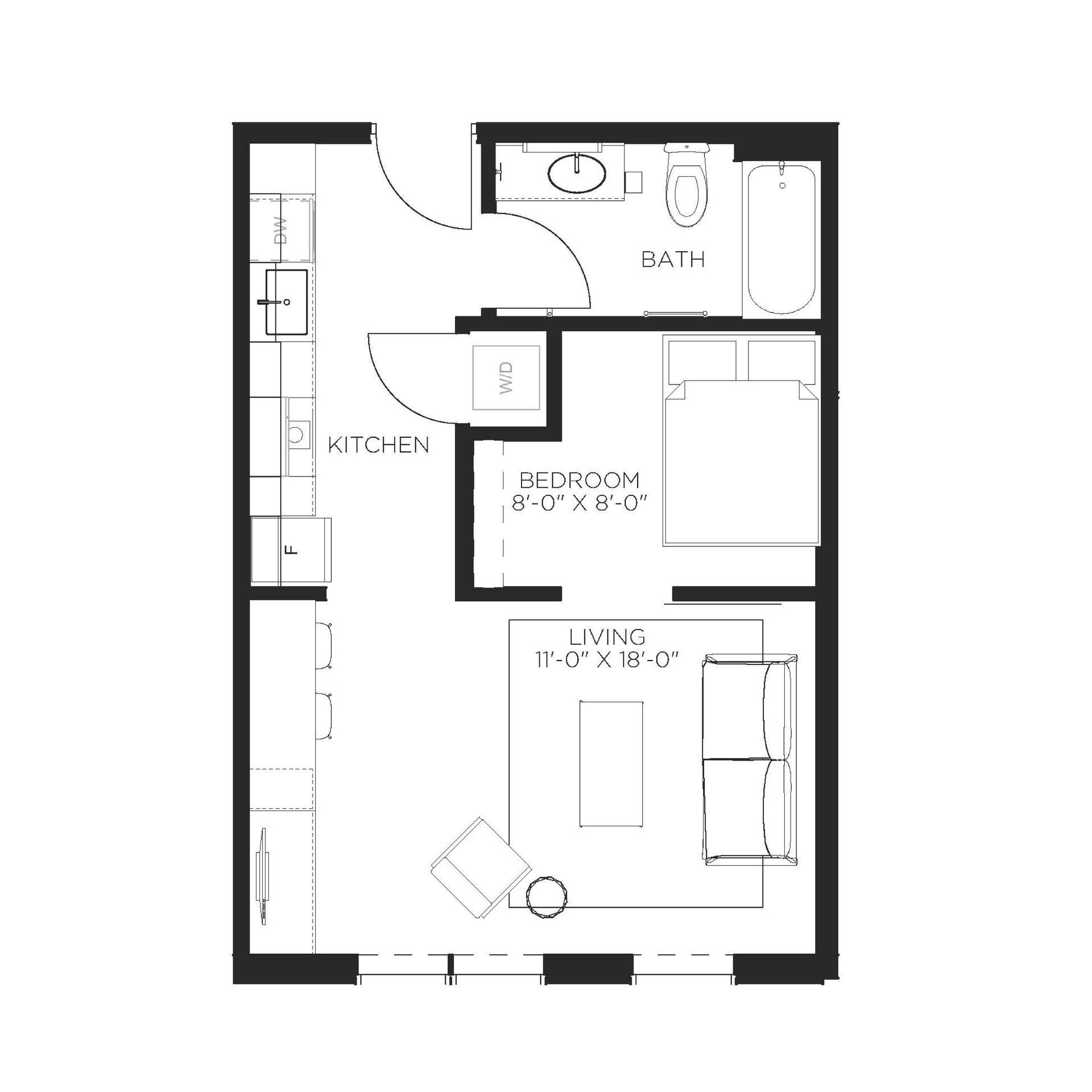 Floor plan of a studio apartment, with bedroom, kitchen, living area, and bathroom layout.