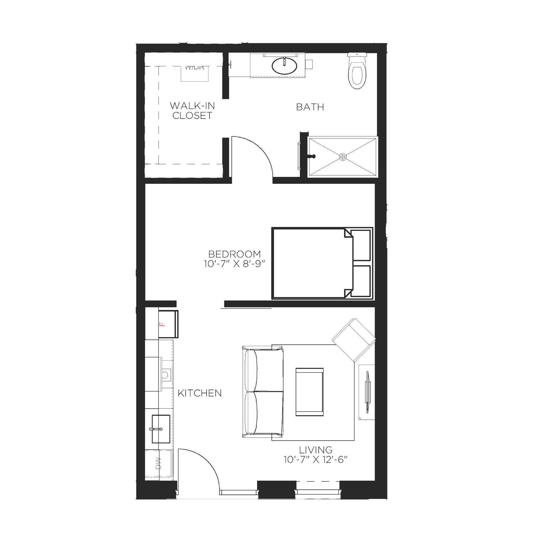 Floor plan of a studio apartment, featuring a bedroom, kitchen, living area, bathroom, and walk-in closet.