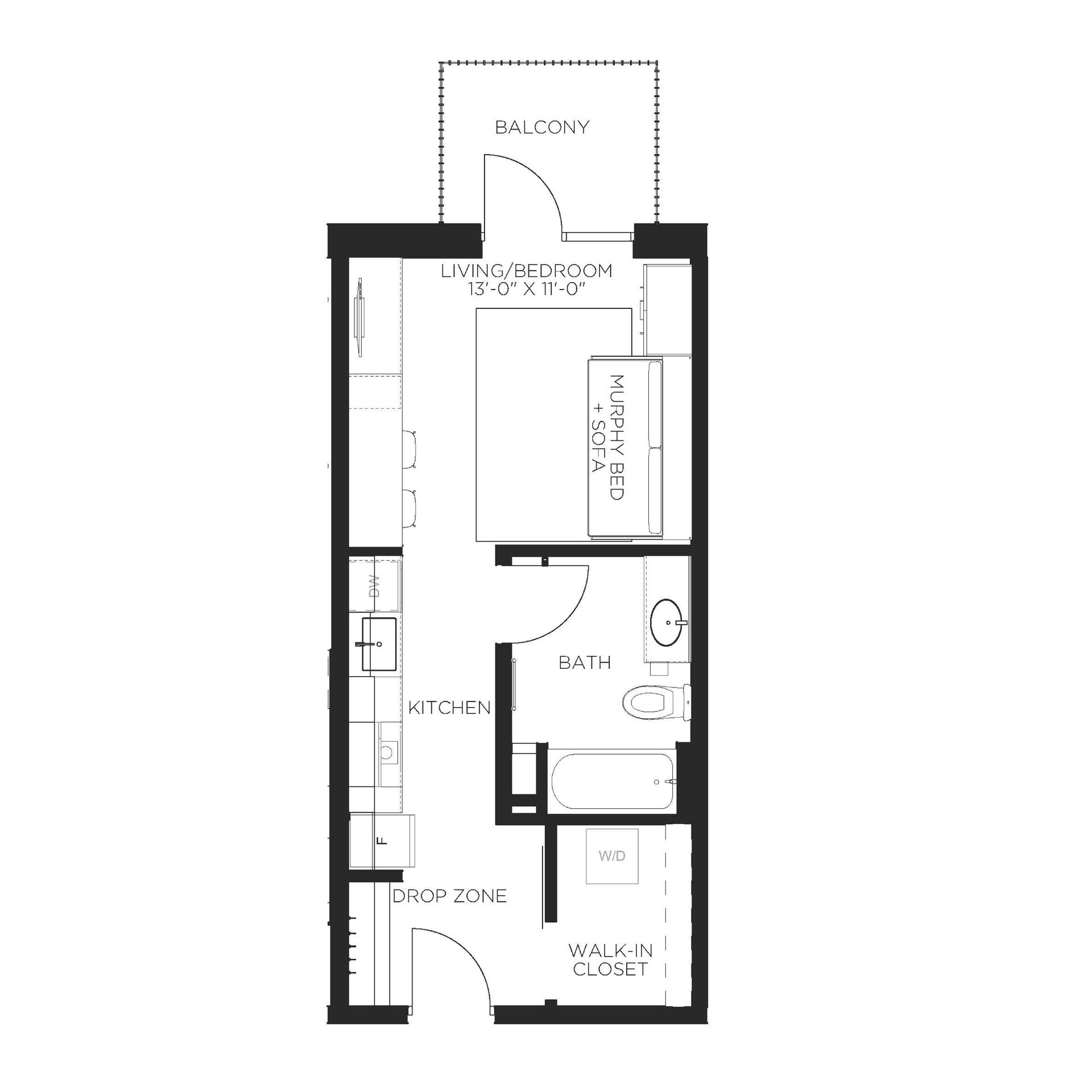 Floor plan of a studio apartment with a living/bedroom, kitchen, bathroom, walk-in closet, and balcony.