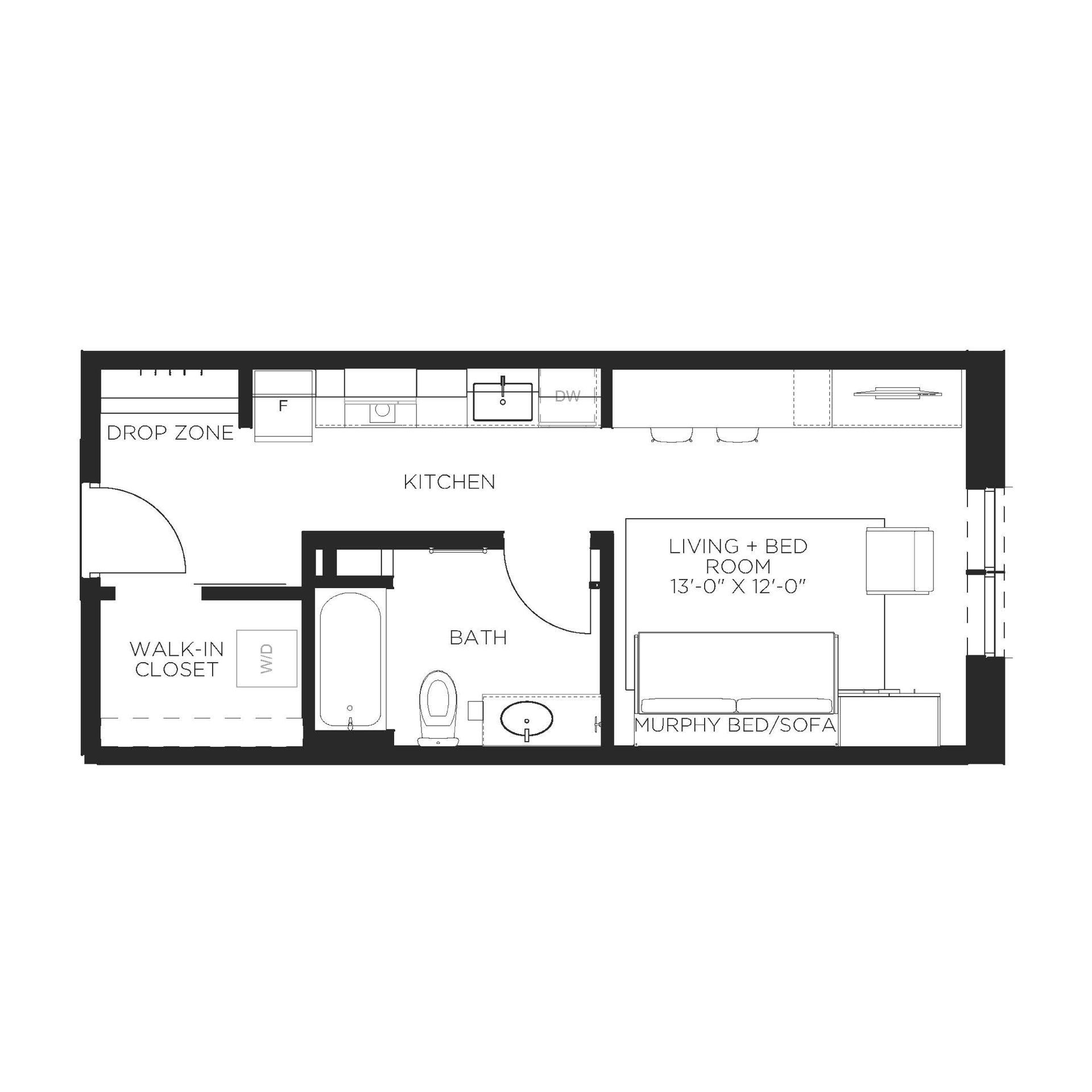 Floor plan of a studio apartment, including a kitchen, living area, bathroom, and walk-in closet.