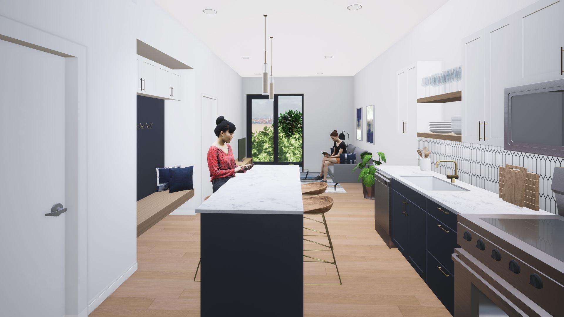A modern kitchen with a woman at the island. Another person sits on a nearby couch.