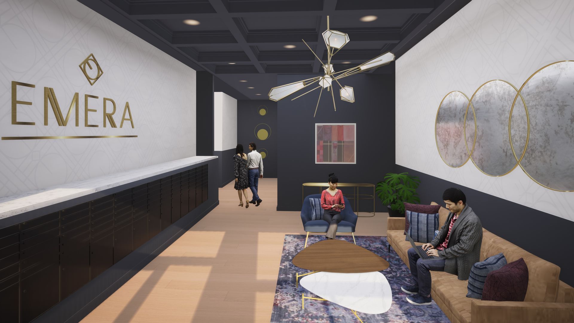 A modern lobby with people. EMERA logo on the wall, people sitting and walking. Neutral colors and stylish decor.