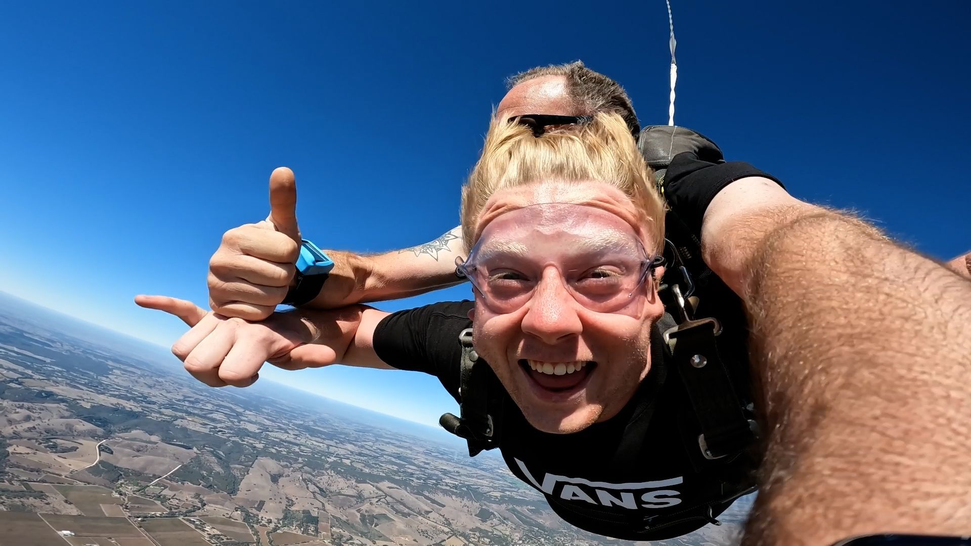Tandem skydivers in free fall