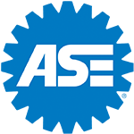 Blue gear-shaped ASE logo with white letters and three horizontal lines