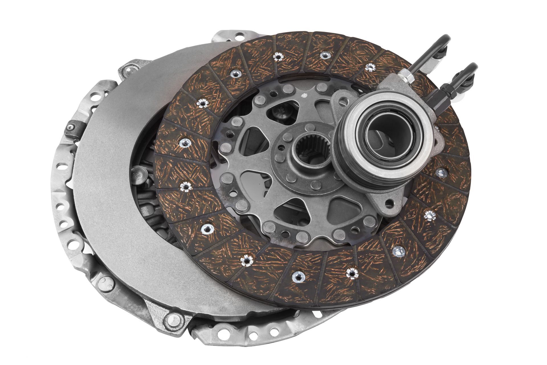 Automotive clutch disc assembly with metal pressure plate and release bearing on white background