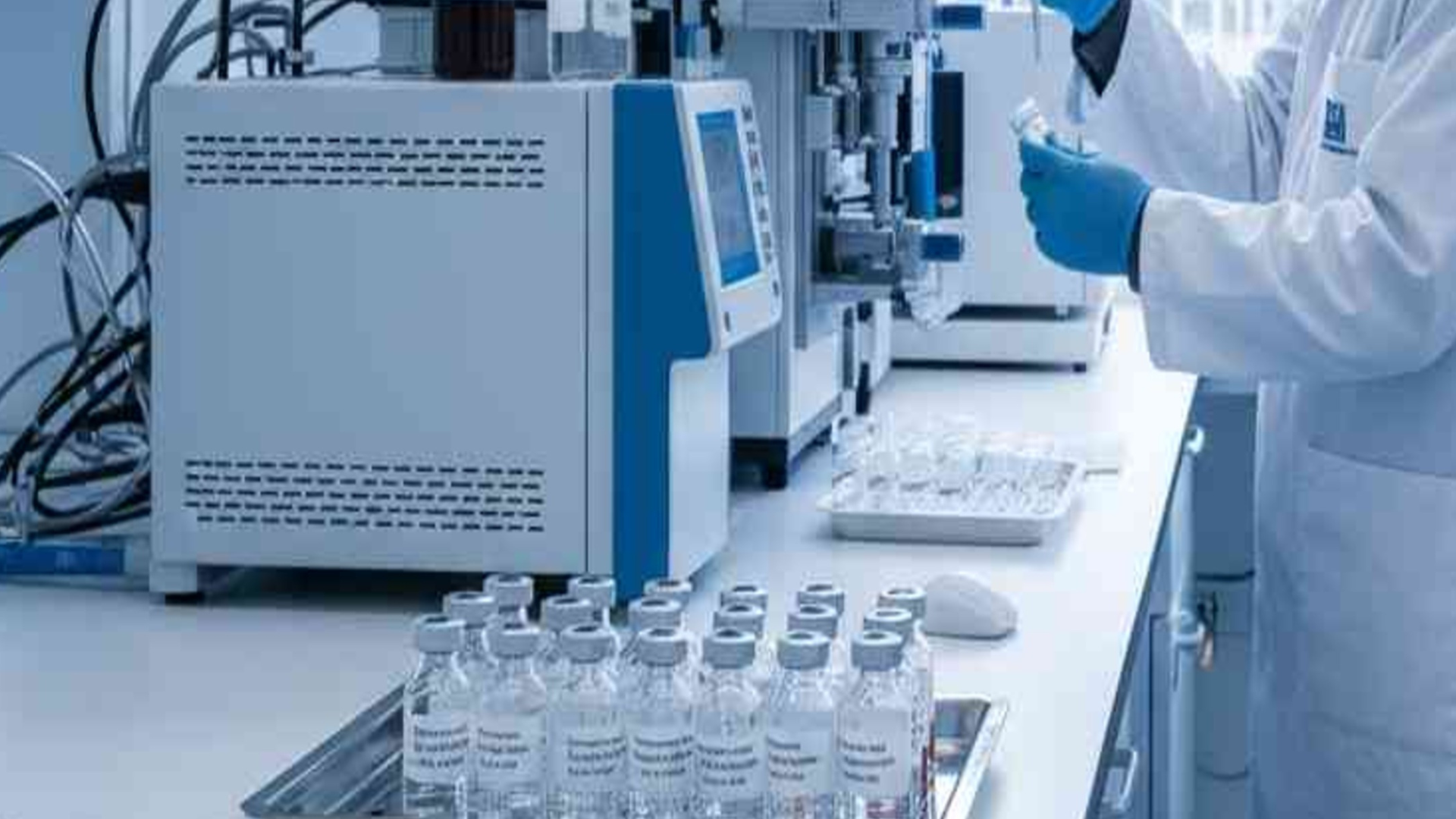 Lab technician handling samples beside analytical instruments in a laboratory