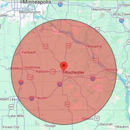 Red shaded radius circle centered on Rochester, Minnesota, over a regional map