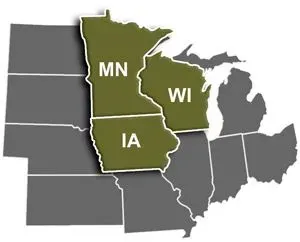 Map of the Upper Midwest highlighting Minnesota, Wisconsin, and Iowa in green on a gray U.S. map