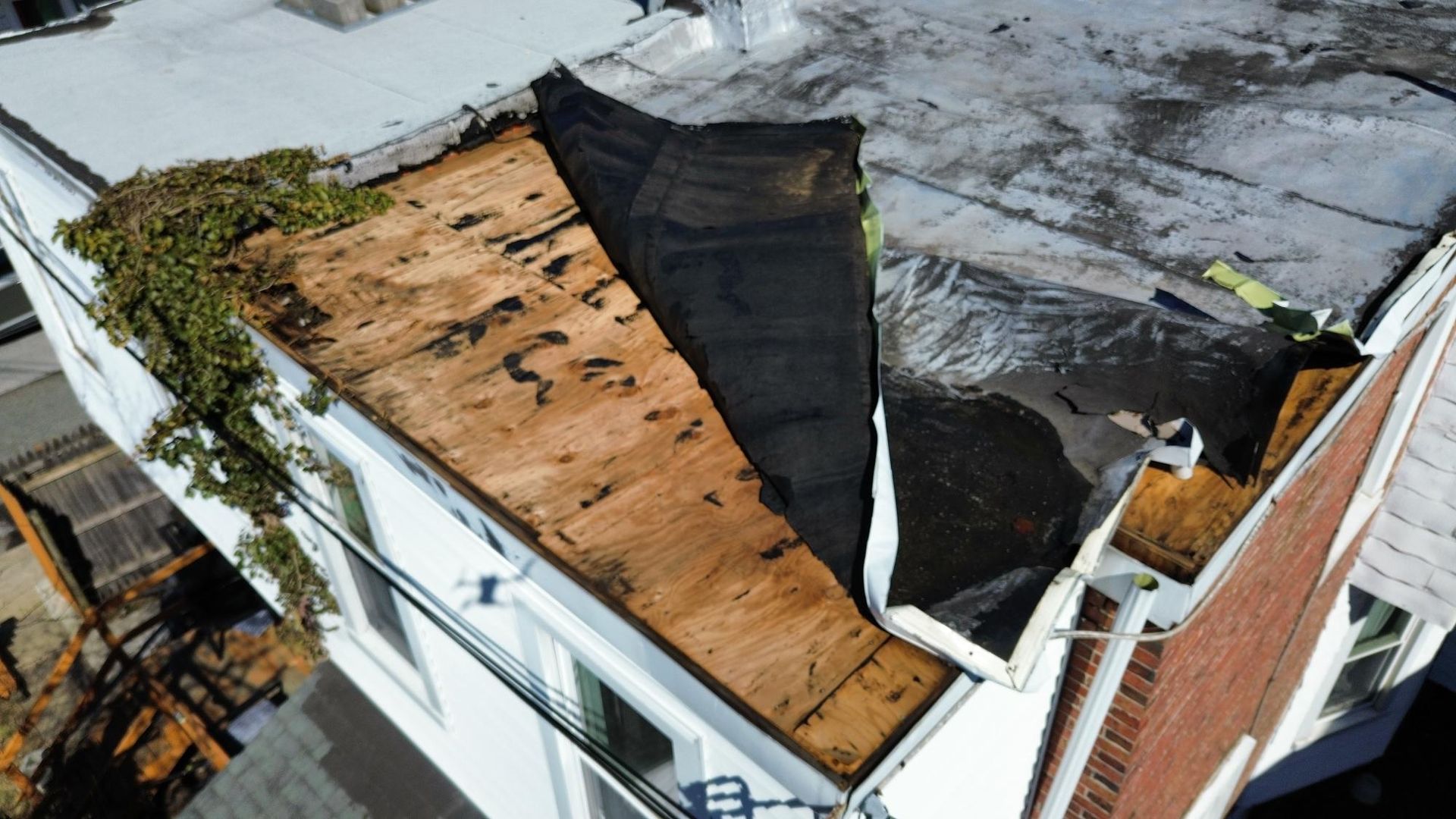 Damaged flat roof with exposed wooden underlayment and peeling black material.