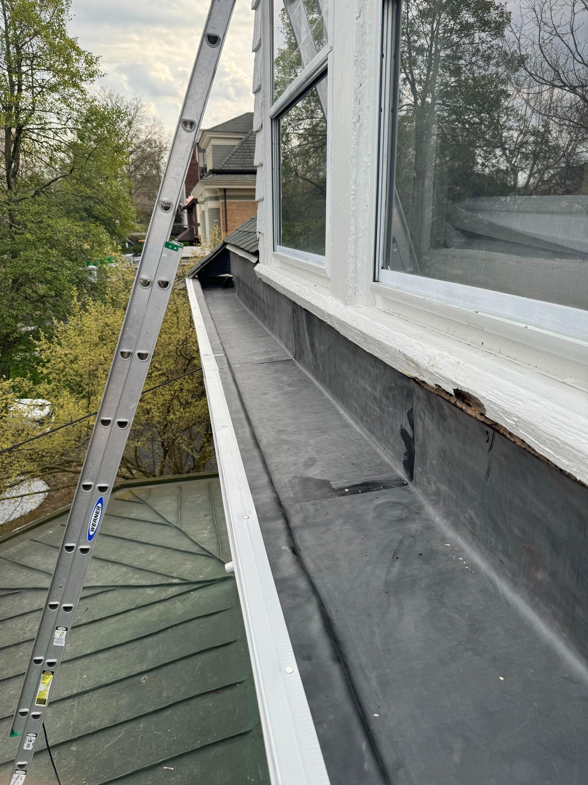 A ladder is sitting on top of a gutter next to a window.