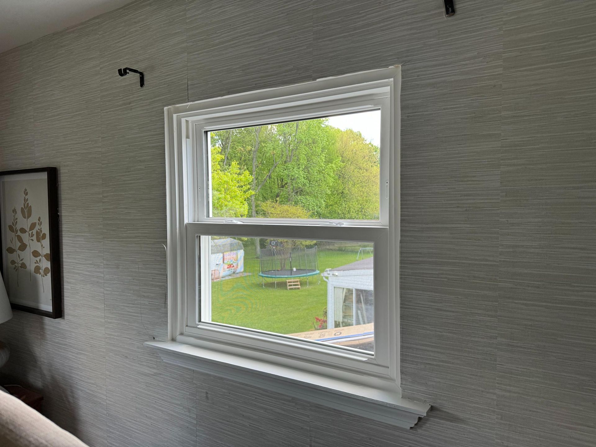 A window in a living room with a view of a yard.