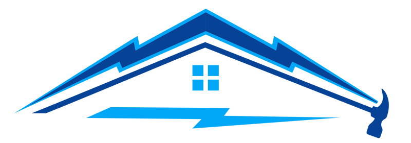 Logo of a house with lightning bolts, a hammer, and a window, all in blue on a white background.