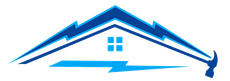 Logo of a house with lightning bolts, a hammer, and a window, all in blue on a white background.