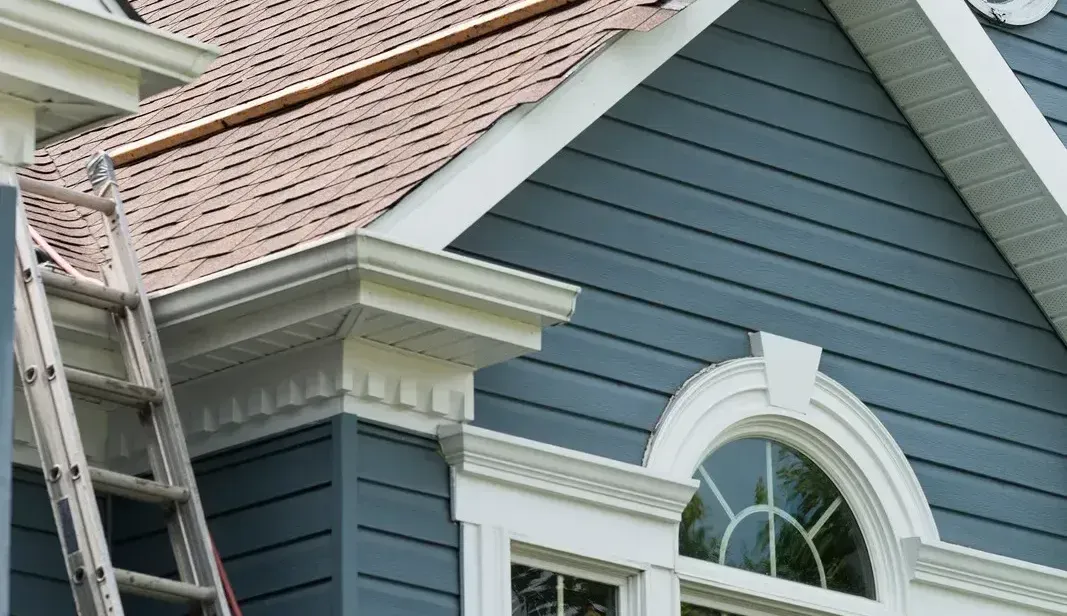 A ladder is sitting on the side of a house.