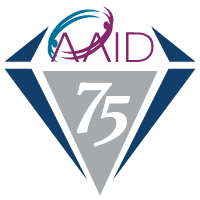Logo for the 75th anniversary of AAID featuring the acronym above the number 75 inside a diamond-shaped frame.