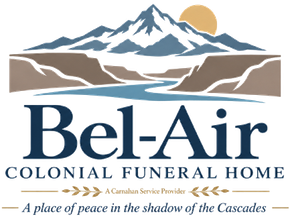 Black-and-white oval logo for Bel Air Colonial Funeral Home with surrounding service-area text.