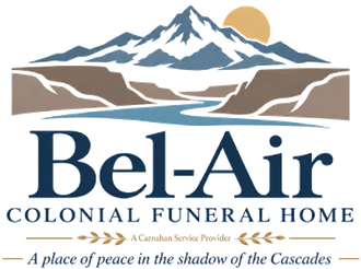Logo for Bel Air Colonial Funeral Home, oval shape with landscape background and text.