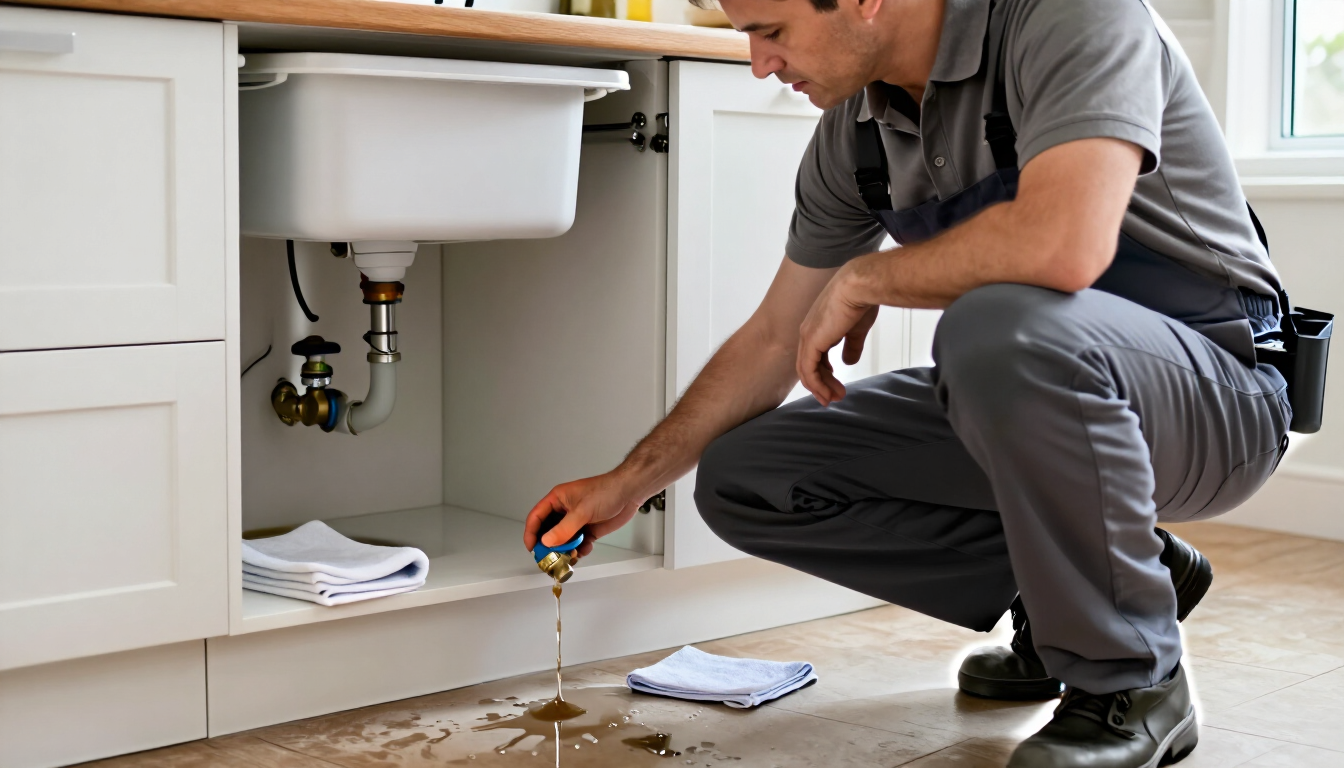 Homeowner turning off water supply during a plumbing emergency