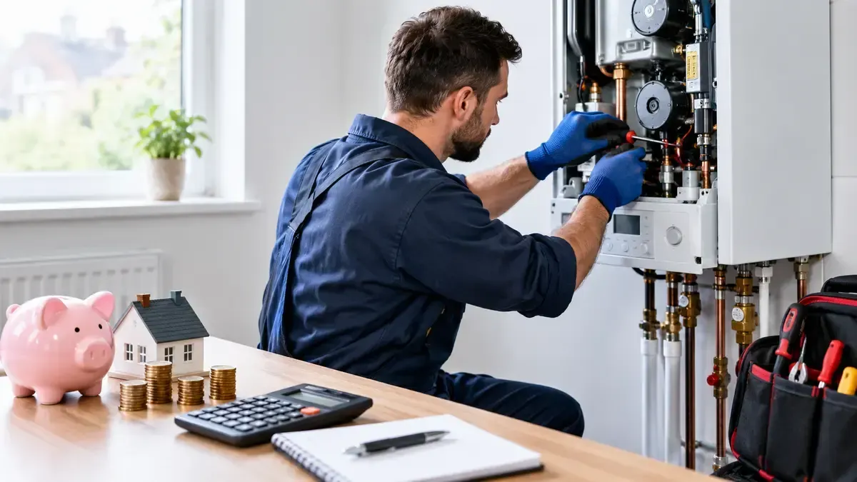 Plumber repairing a boiler with repair costs calculator and savings
