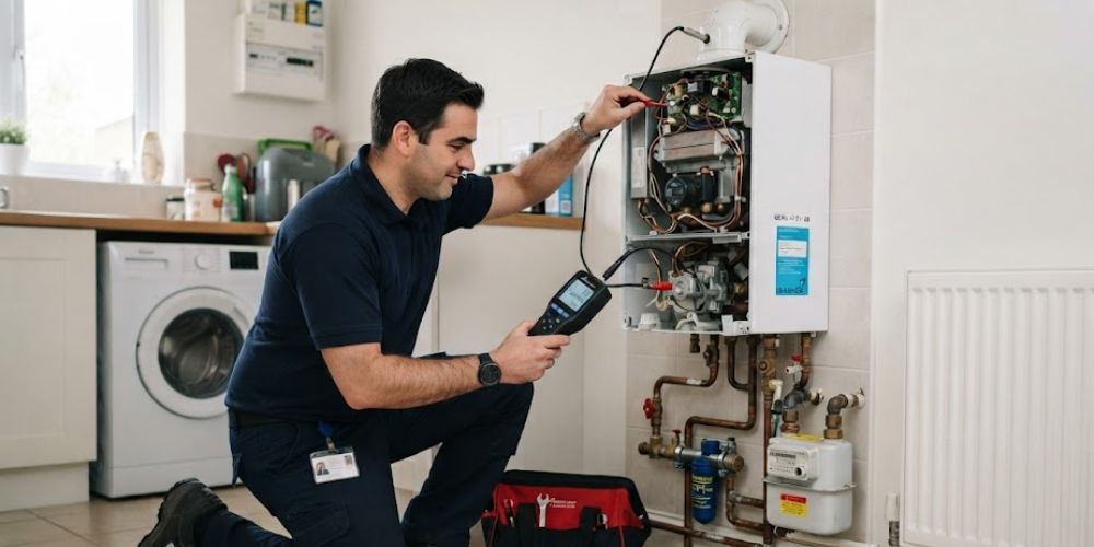 Heating engineer inspecting a boiler during a professional boiler service