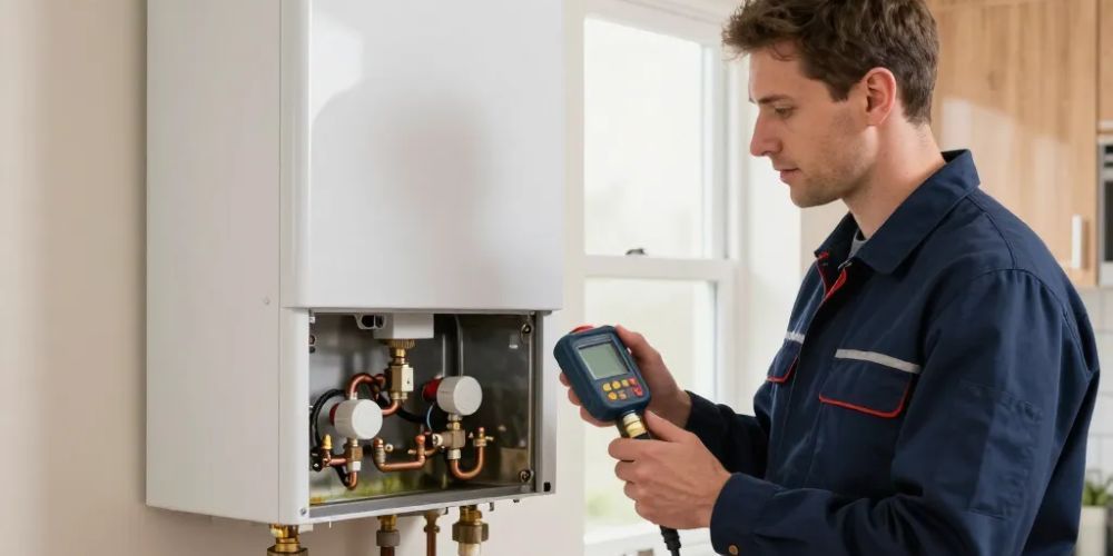 Heating engineer carrying out a step-by-step boiler service inspection