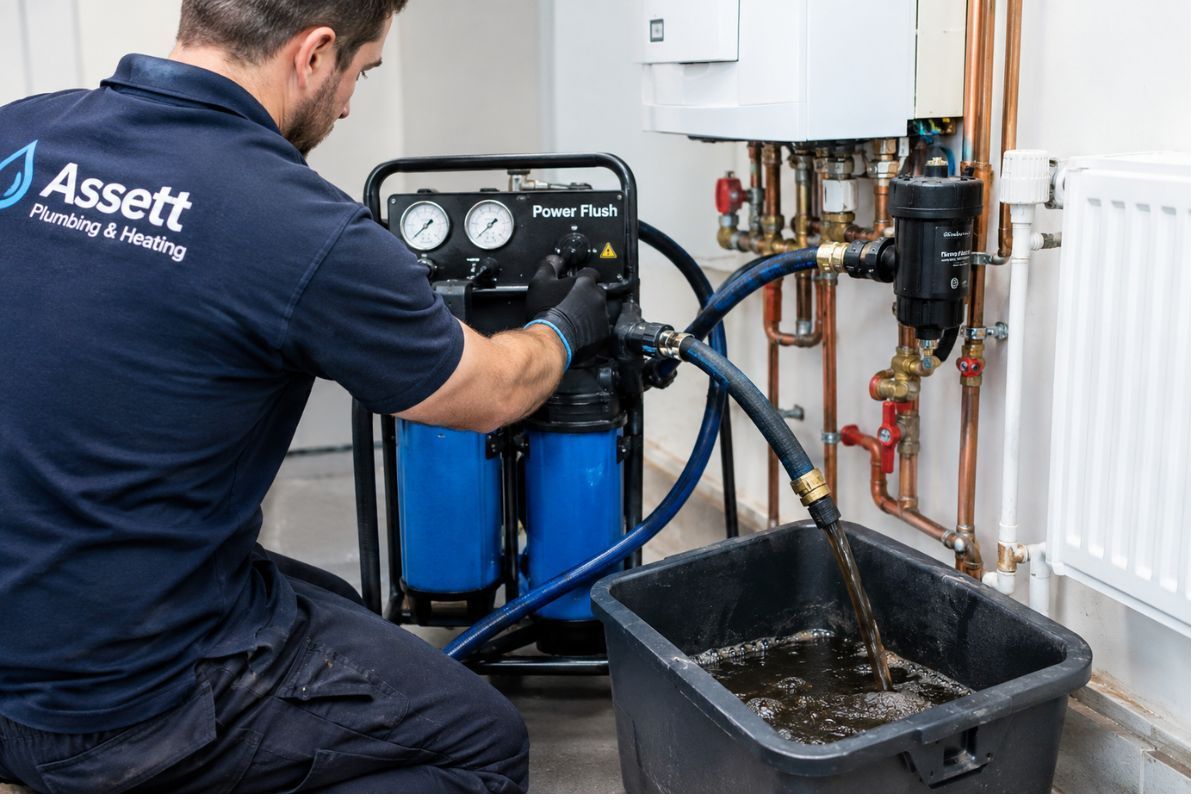 Heating engineer power flushing a central heating system to remove sludge from radiators and pipes