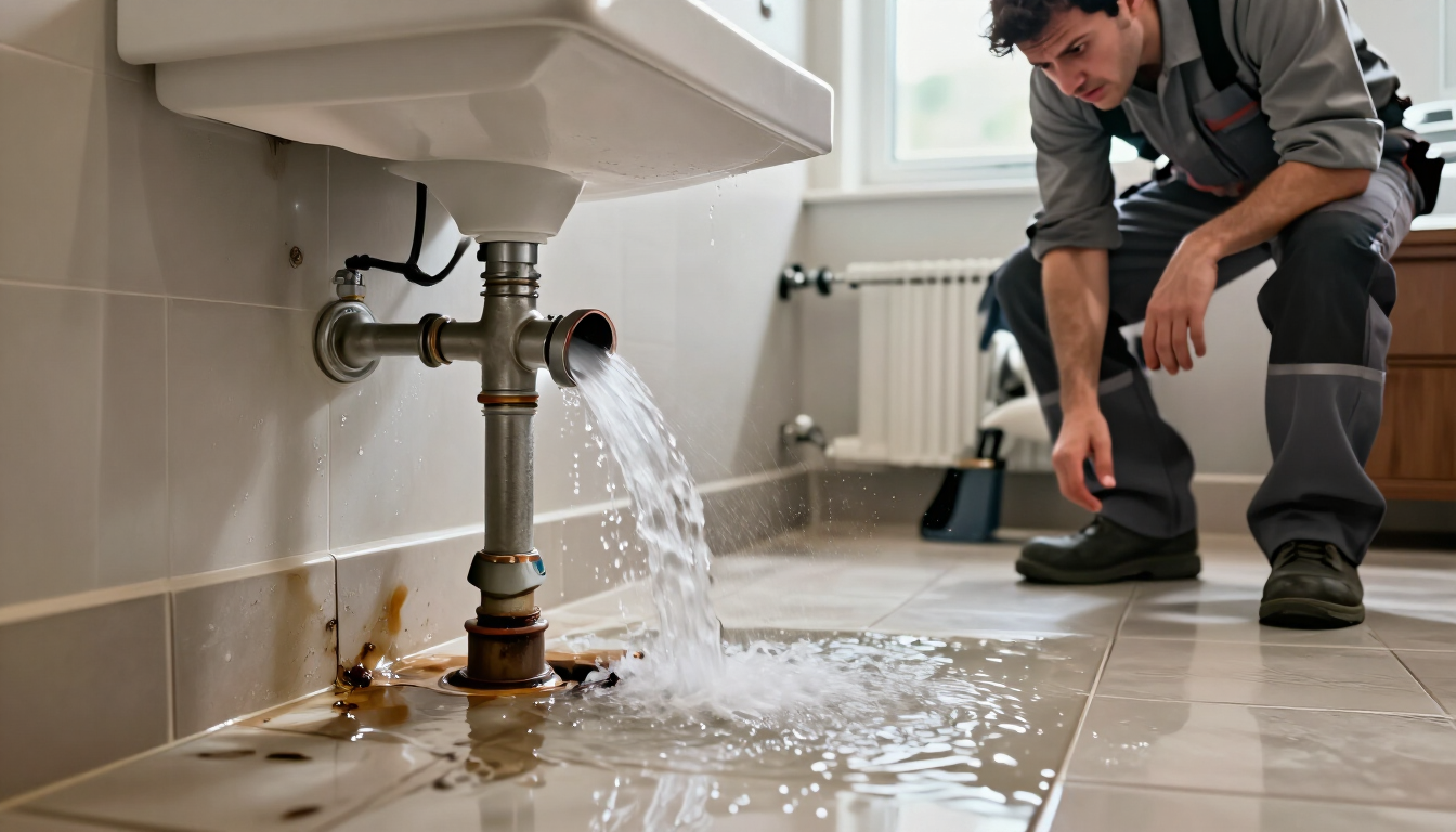 Burst pipe causing water damage during a plumbing emergency
