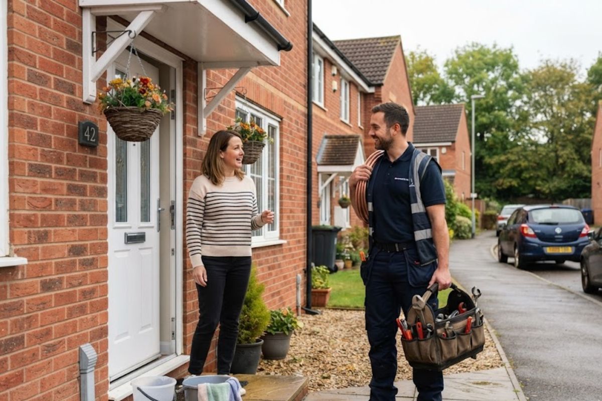Emergency plumber arriving at a Northamptonshire home