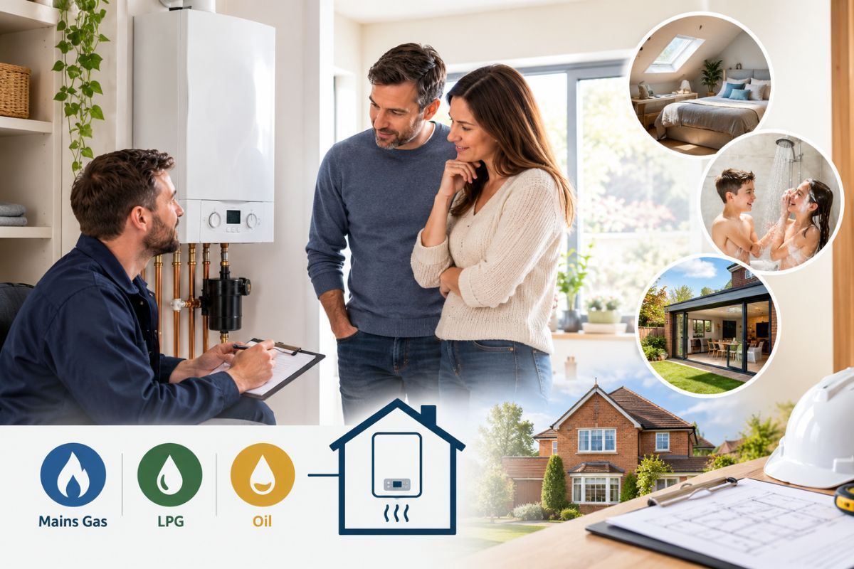 Homeowners consulting a heating engineer about choosing a future-proof boiler, fuel options and heating requirements for a growing family.