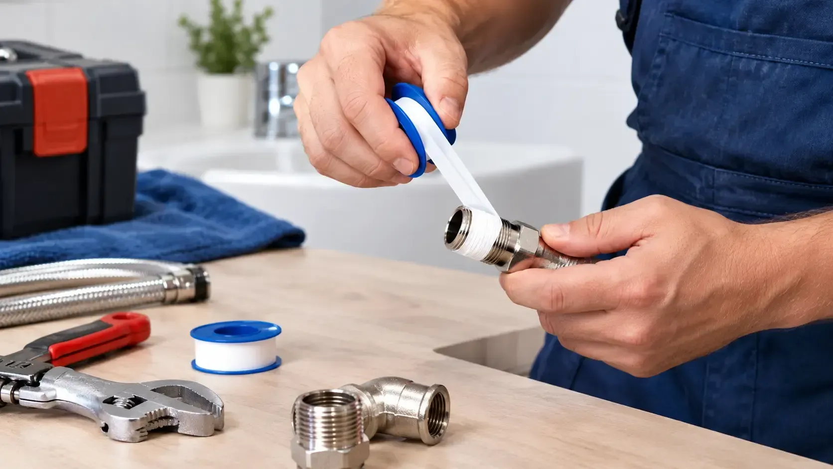 Plumber wrapping PTFE tape around a pipe fitting
