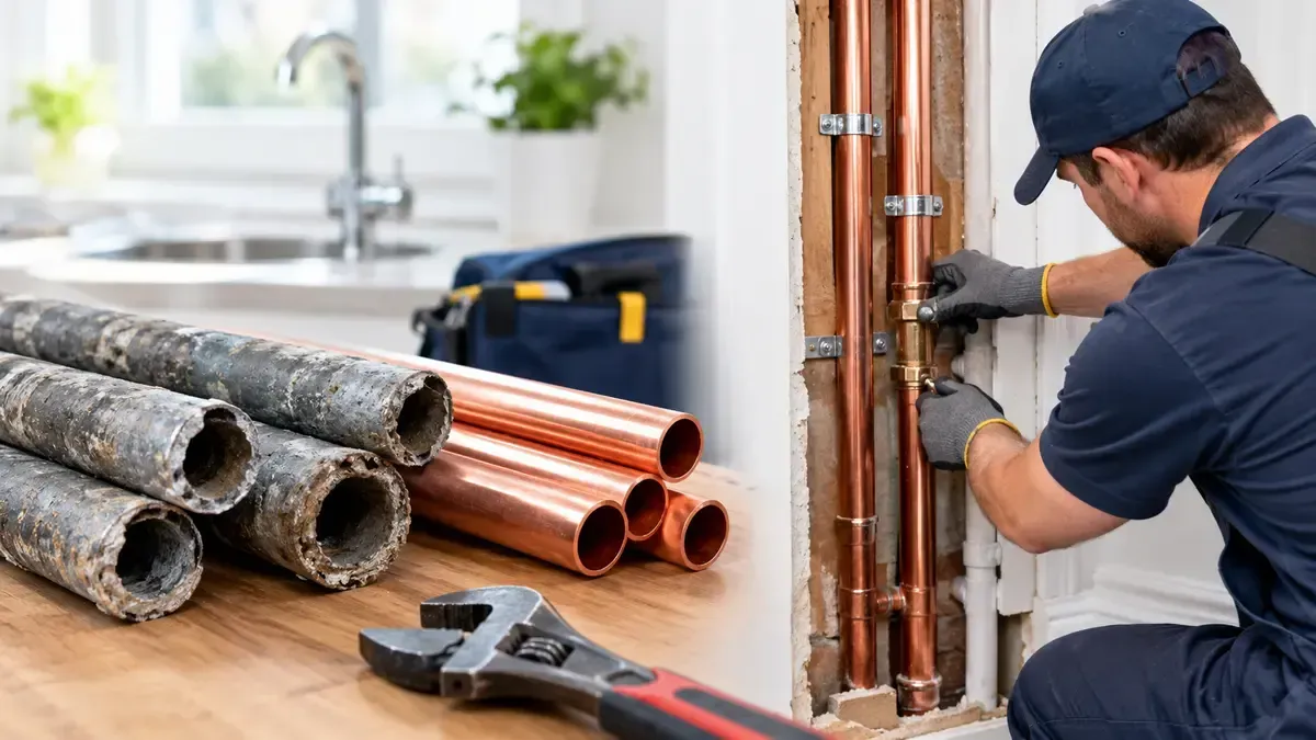 Lead water pipe replacement with new copper pipes and a plumber installing plumbing