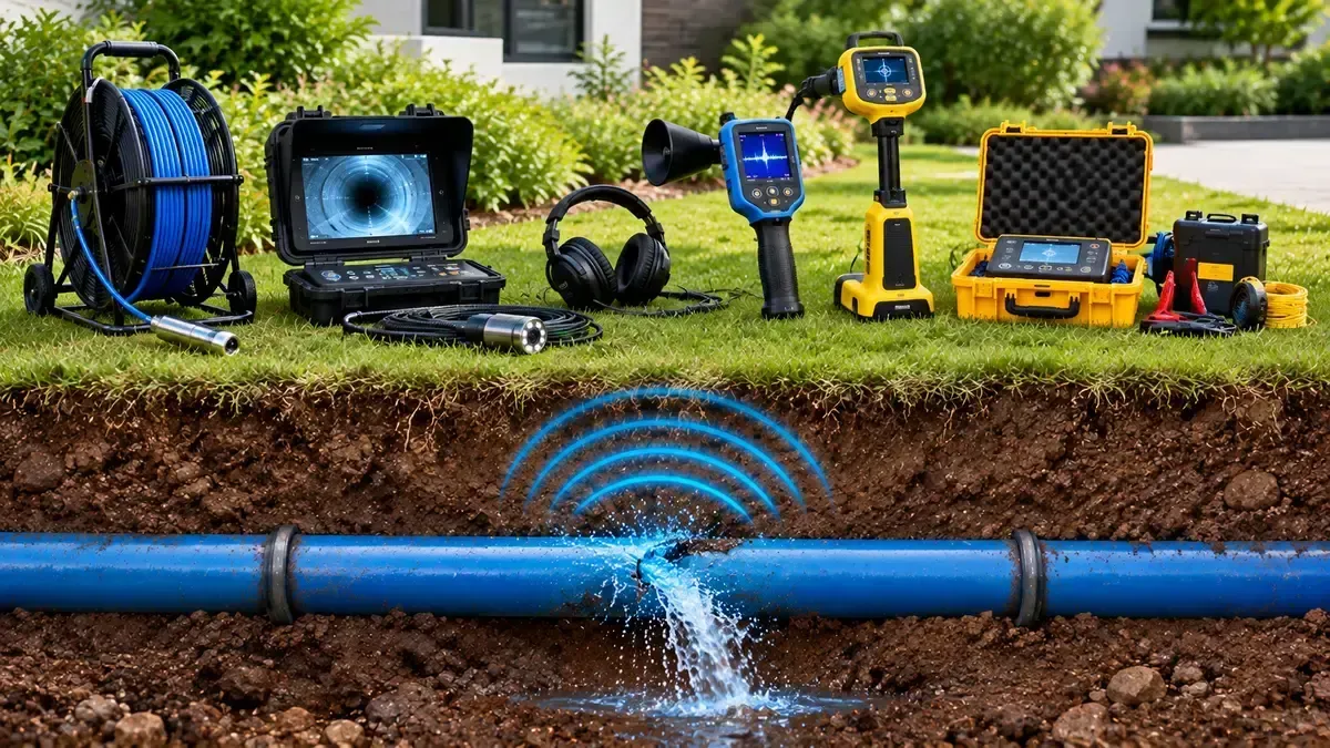 Underground water pipe leak detection equipment identifying a burst pipe