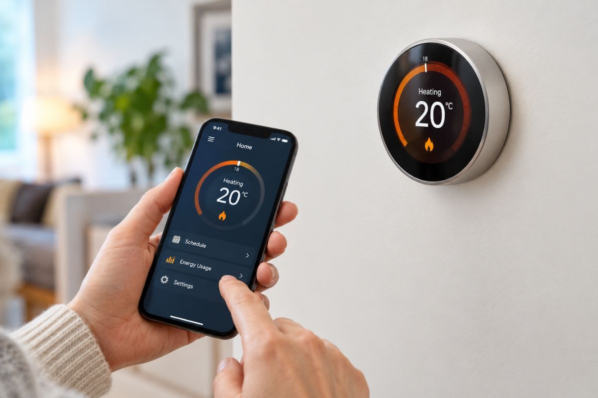 Smart programmable thermostat controlling home heating temperature through a smartphone
