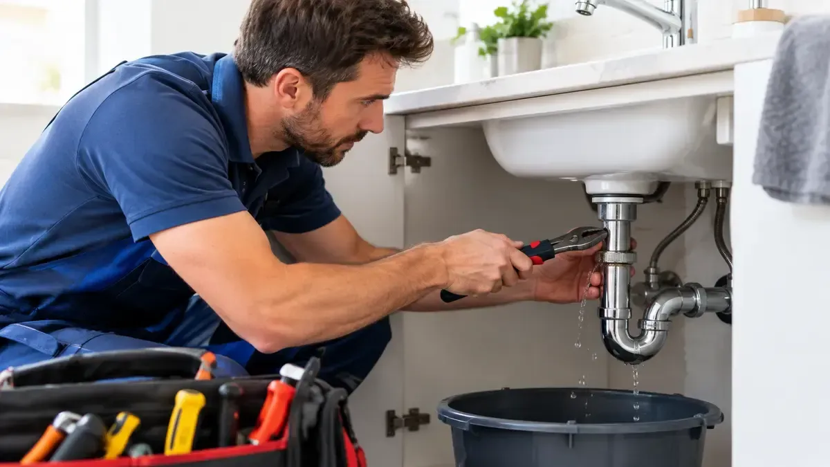 Plumber repairing a leaking sink pipe