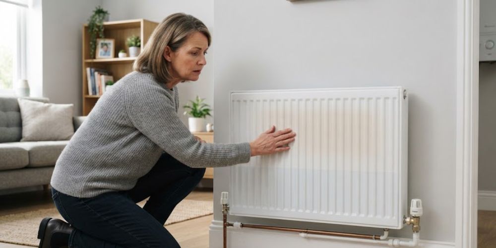 Homeowner checking a radiator that is not heating properly