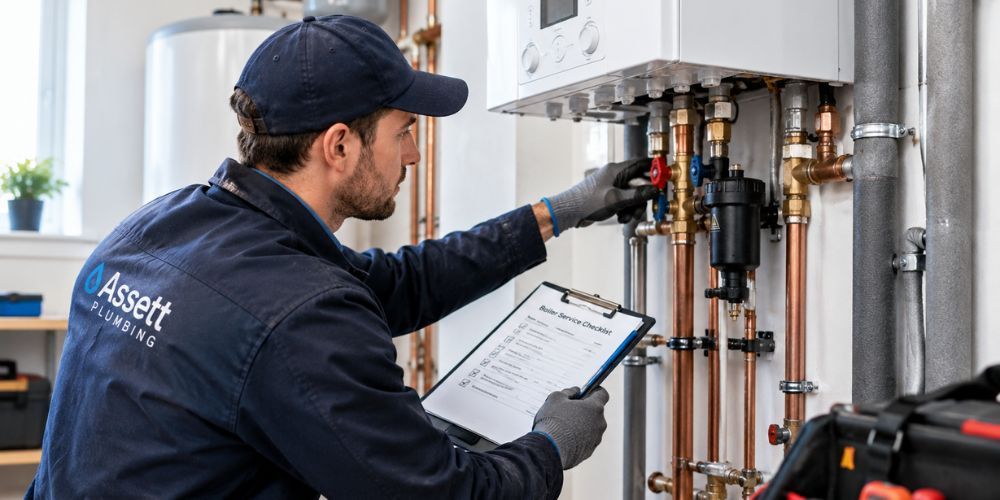 Plumber inspecting a home boiler, copper pipework and heating system
