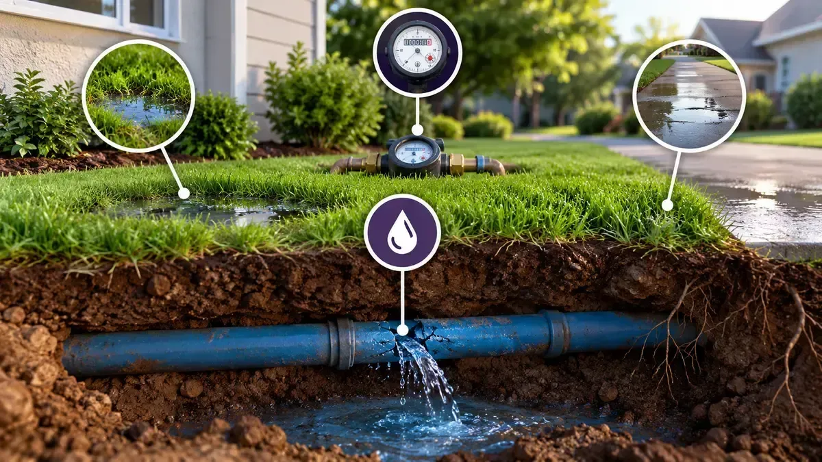 An underground water pipe leak is causing water to pool in a residential lawn and driveway.