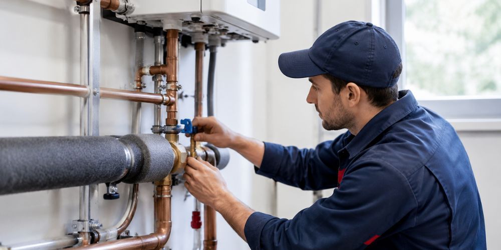 Plumber inspecting insulated pipes and copper pipe connections