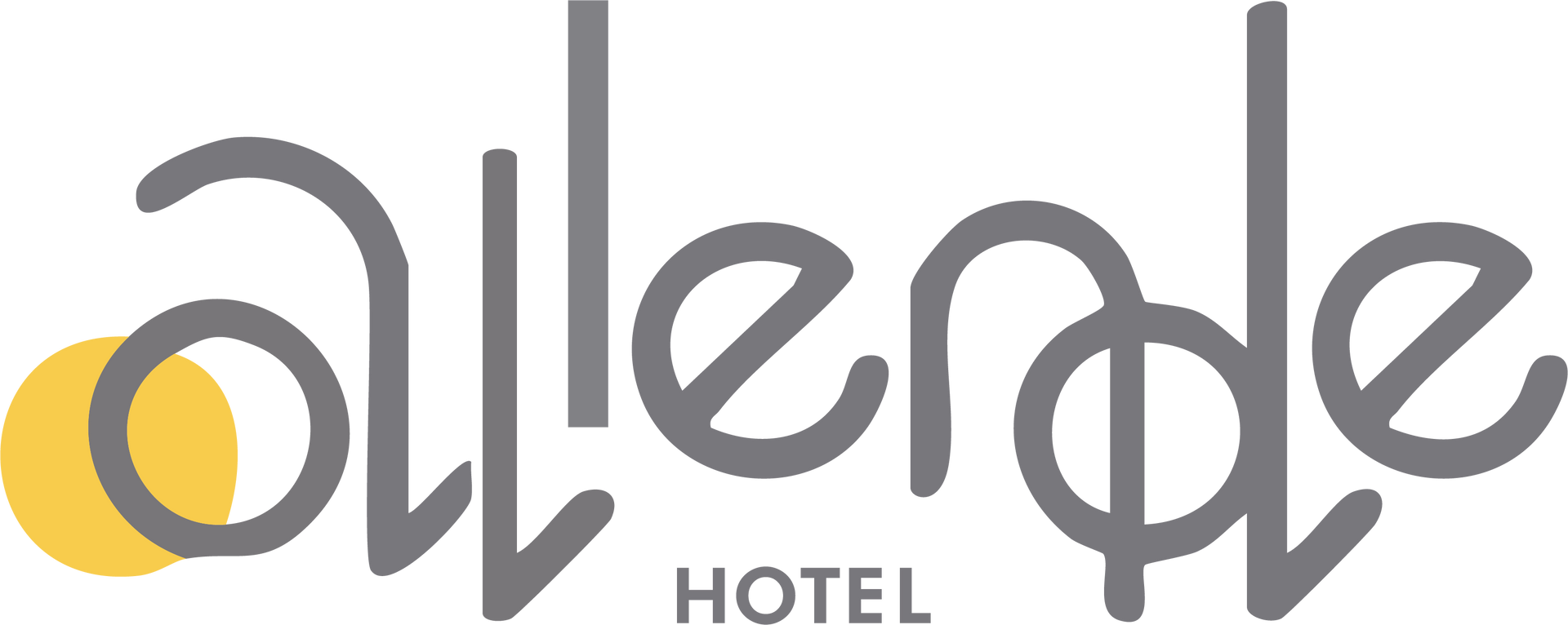 Un logotipo para un hotel con un círculo amarillo en el medio.