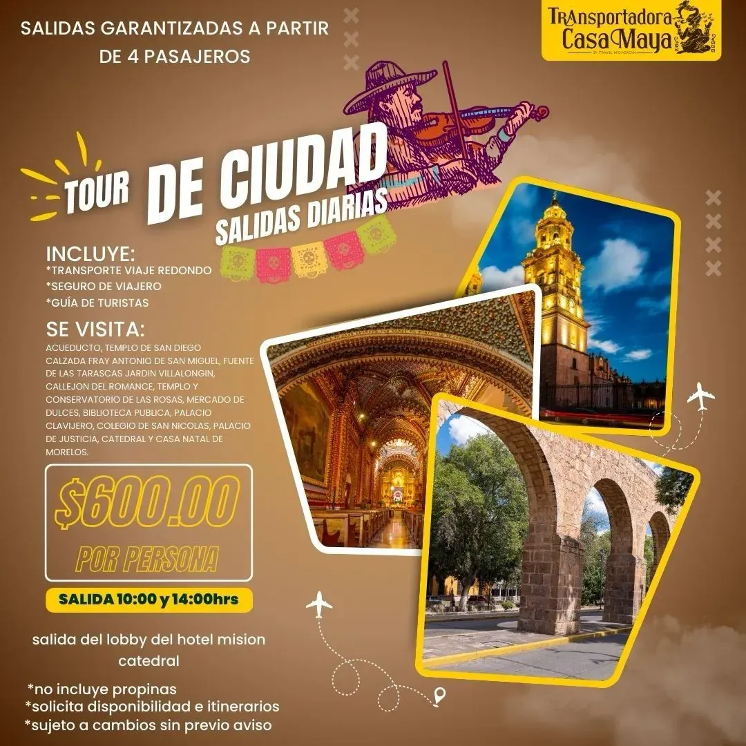 A poster for a tour of ciudad with a violin player and a clock tower