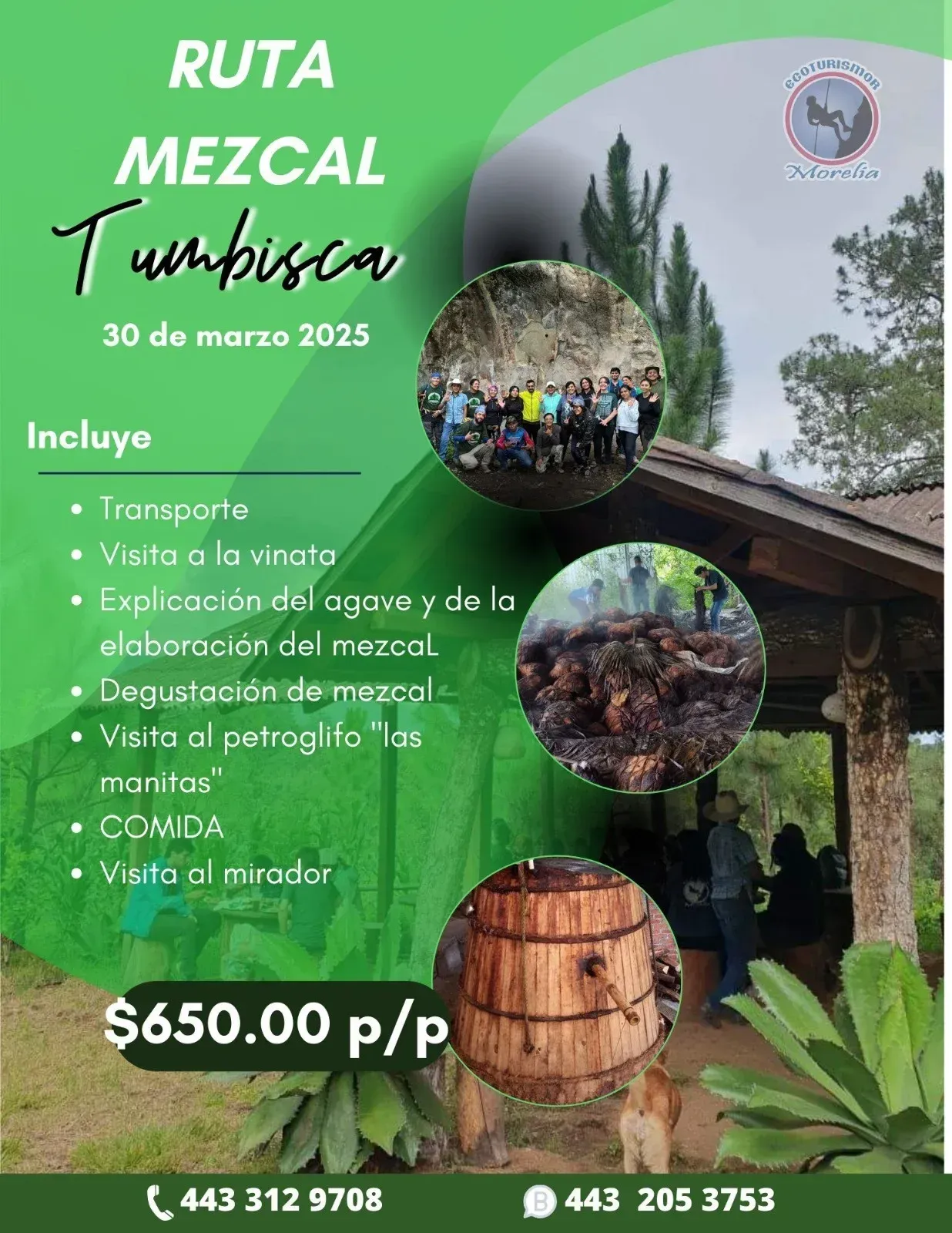 A green poster with a picture of a group of people and a wooden barrel on it.