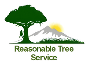 Reasonable Tree Service logo with green tree, mountains, sun, and grass