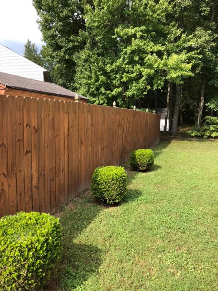 Backyard with wooden fence, green lawn, trimmed shrubs, and tall trees in the background