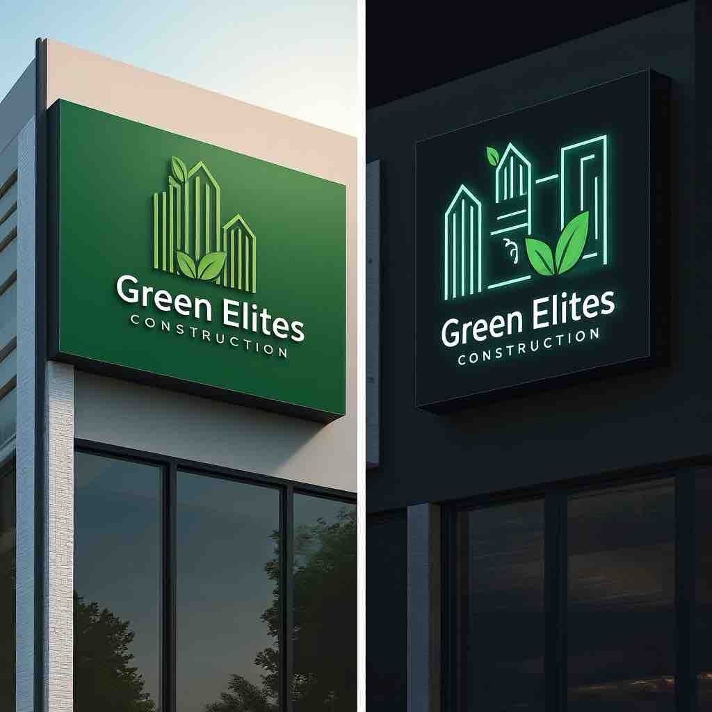 Side-by-side storefront signs for Green Elites Construction in green neon on dark building facades