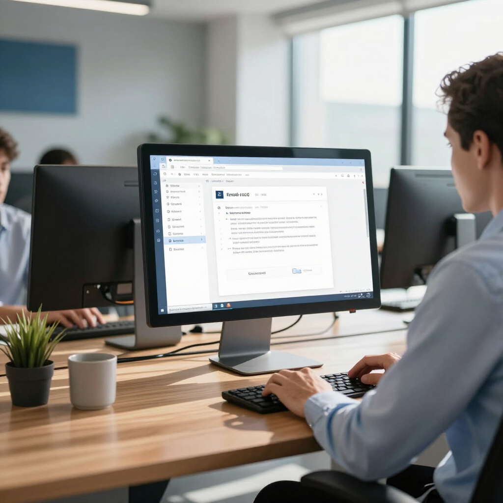 Office worker typing at a desktop computer in a modern workspace