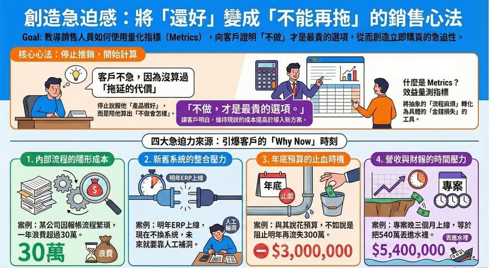 資訊圖呈現企業不改善流程所造成的隱性成本與急迫力來源,包含流程浪費、人工作業錯誤、報帳延遲、ERP 整合壓力與年度預算流失;強調透過 Metrics 量化後可看見每年持續出血的成本,突顯「拖一天就多燒一天」的決策急迫性。