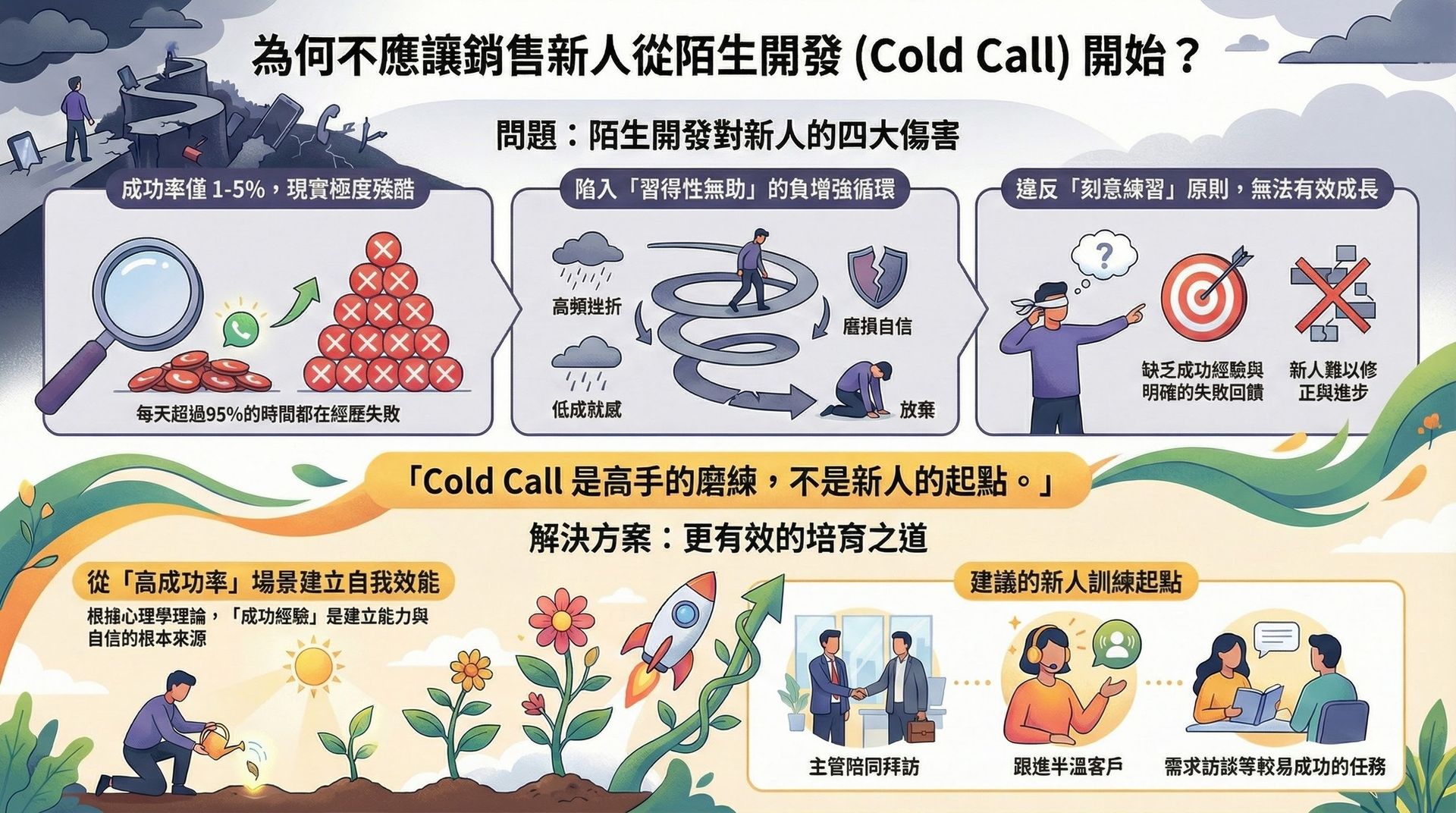 說明為何不建議新人從 Cold Call 開始,比較陌生開發的高挫敗循環,與以高成功率場景培養銷售能力的訓練路徑