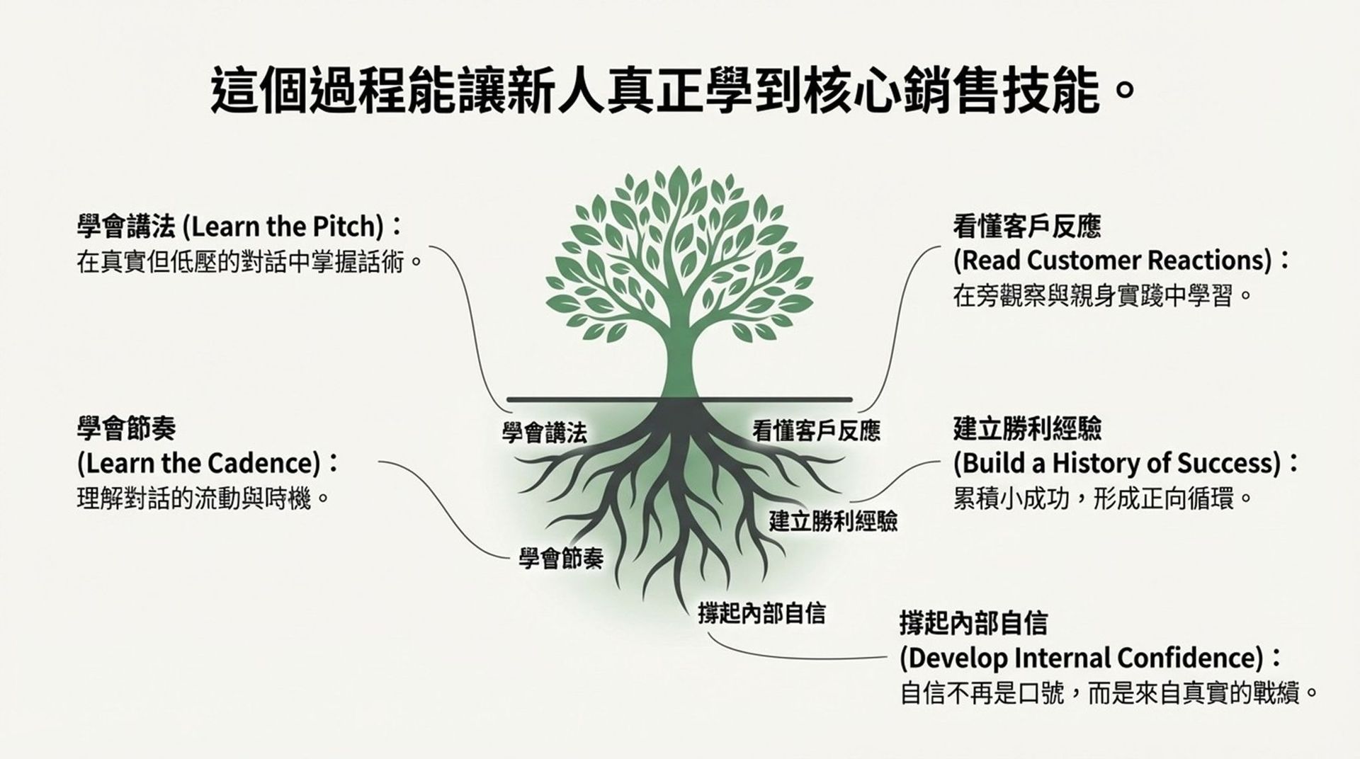 新人銷售培育流程示意圖,說明從學會講法、節奏、理解客戶反應,到建立成功經驗與內在自信的核心銷售能力養成